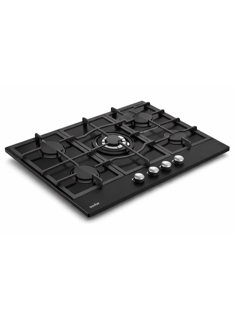 Simfer Built-in Gas Hob 90 cm  – Black Glass – 5 Sabaf Burners – Front Controls – Auto Ignition – Full Safety – Strong Cast-Iron Pan Supports - H9505HGSSP - Image 4